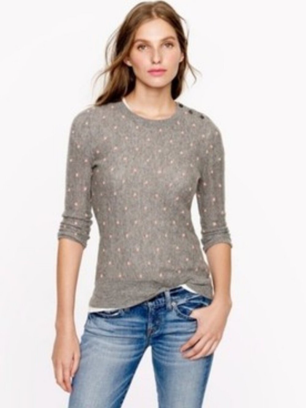 J.Crew Italian Cashmere Sweater Size S Pointelle Dot 3/4 Sleeve Grey Preppy